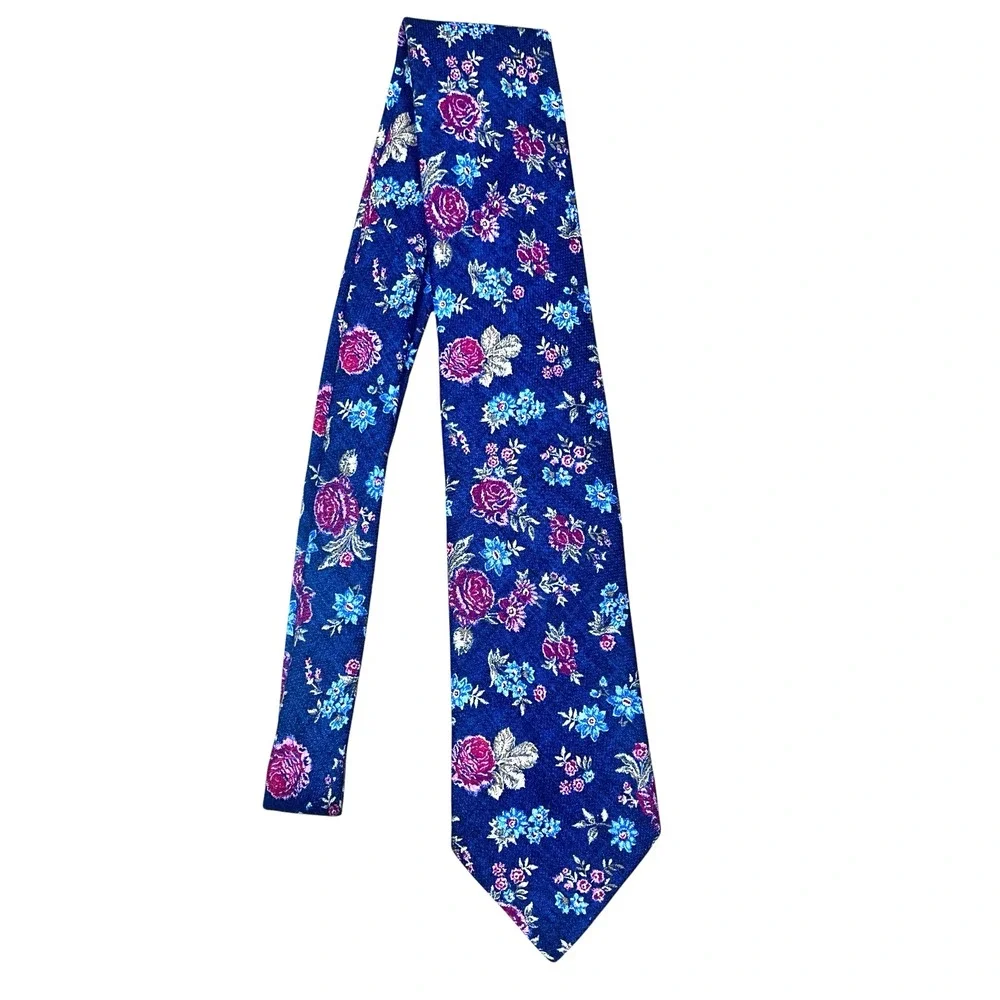 Edward Armah Extra Long Necktie 100% Silk Navy Diamante Print Florals Italy Made